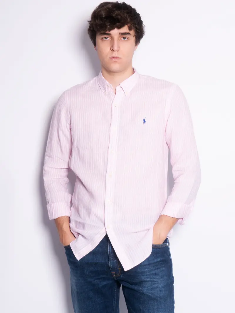 Slim-Fit Striped Linen Shirt – Pink & White 1