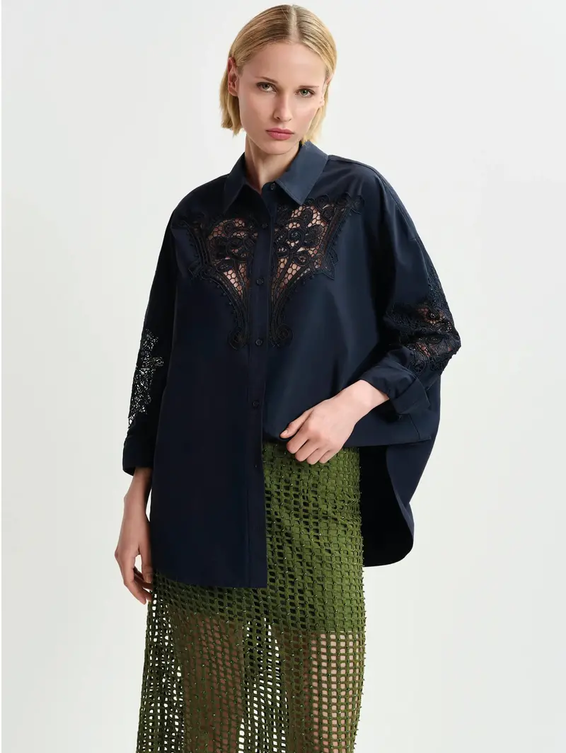 Solid Blue Striped Blouse With Delicate Lace Accents 1