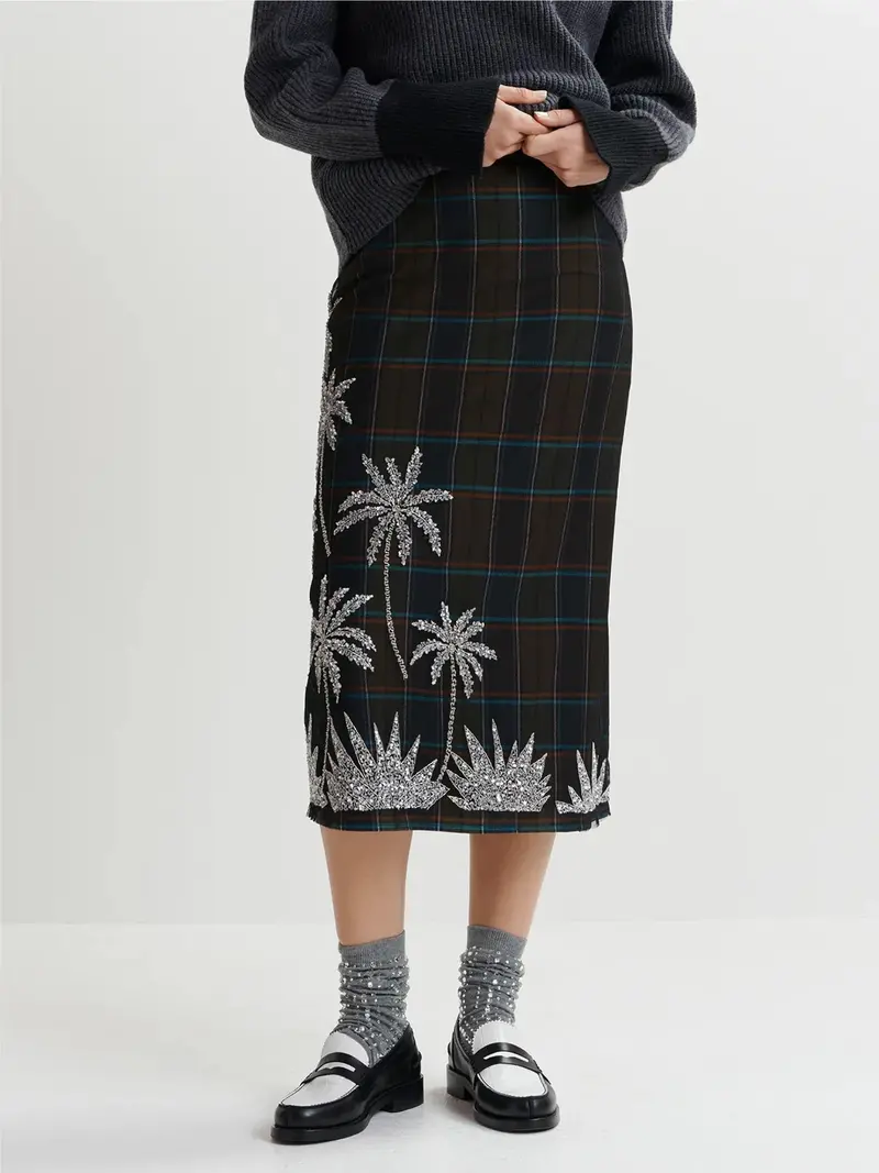 Straight Skirt With Metallic Dot Embellishment In Blue-Green 1