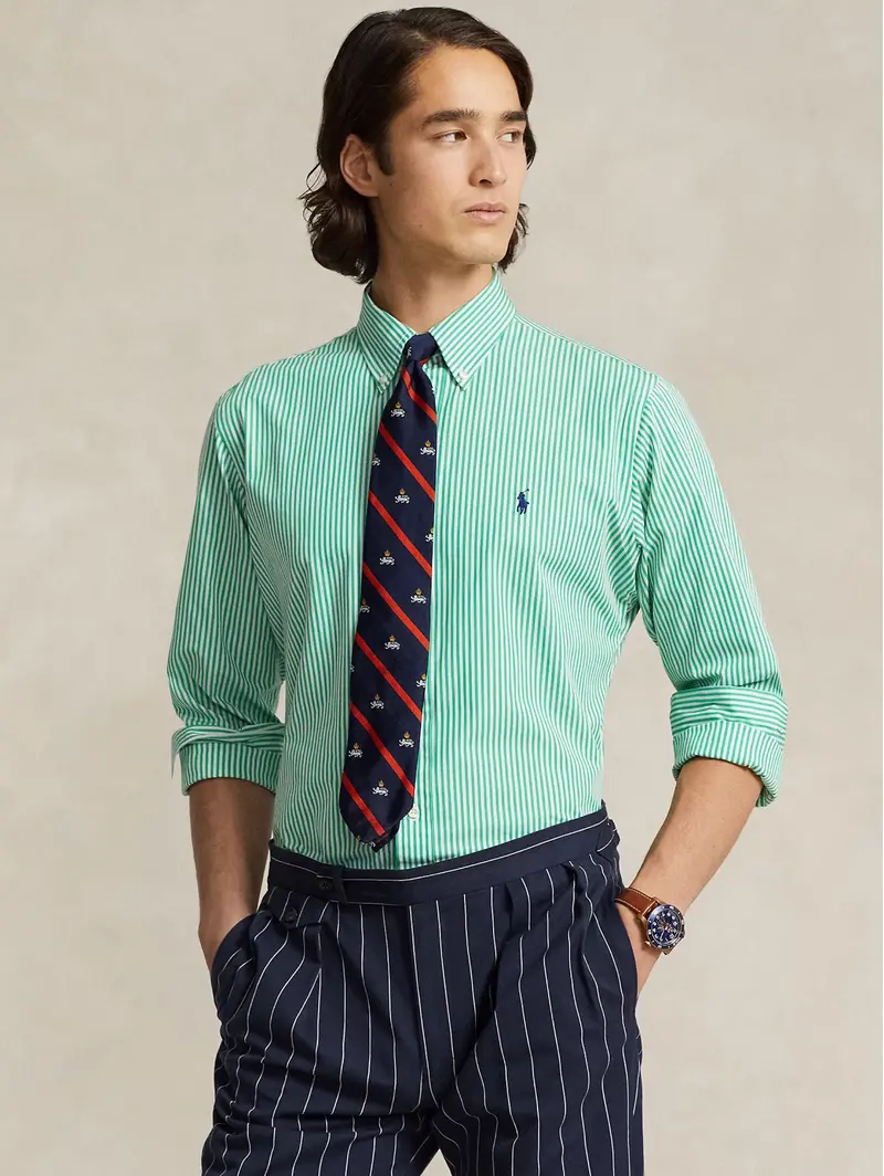 Stretch Poplin Shirt With Green-And-White Stripes 1
