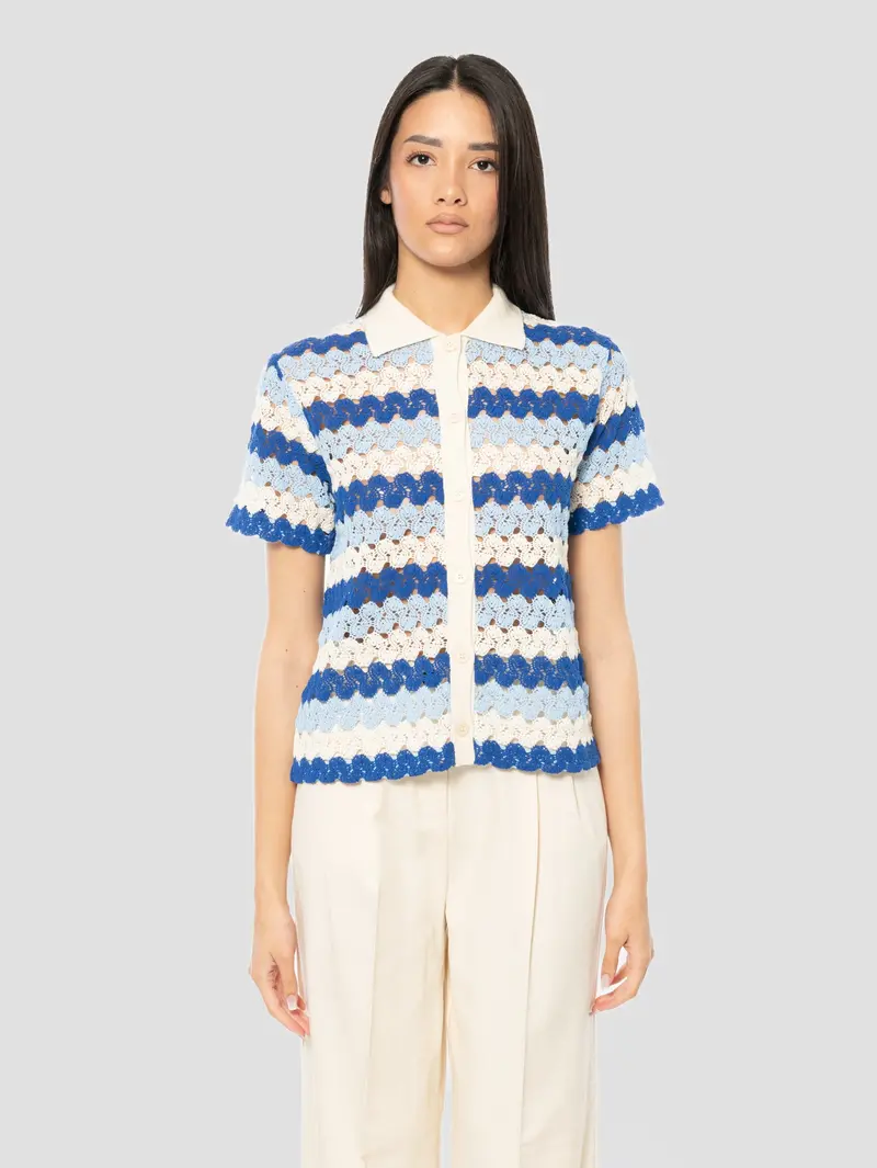 Striped Blue Crochet Knit Polo Shirt 1