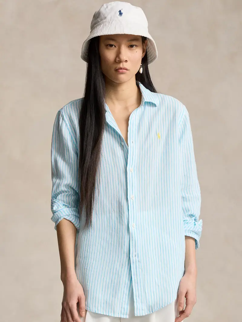 Striped Linen Shirt In Turquoise And White 1