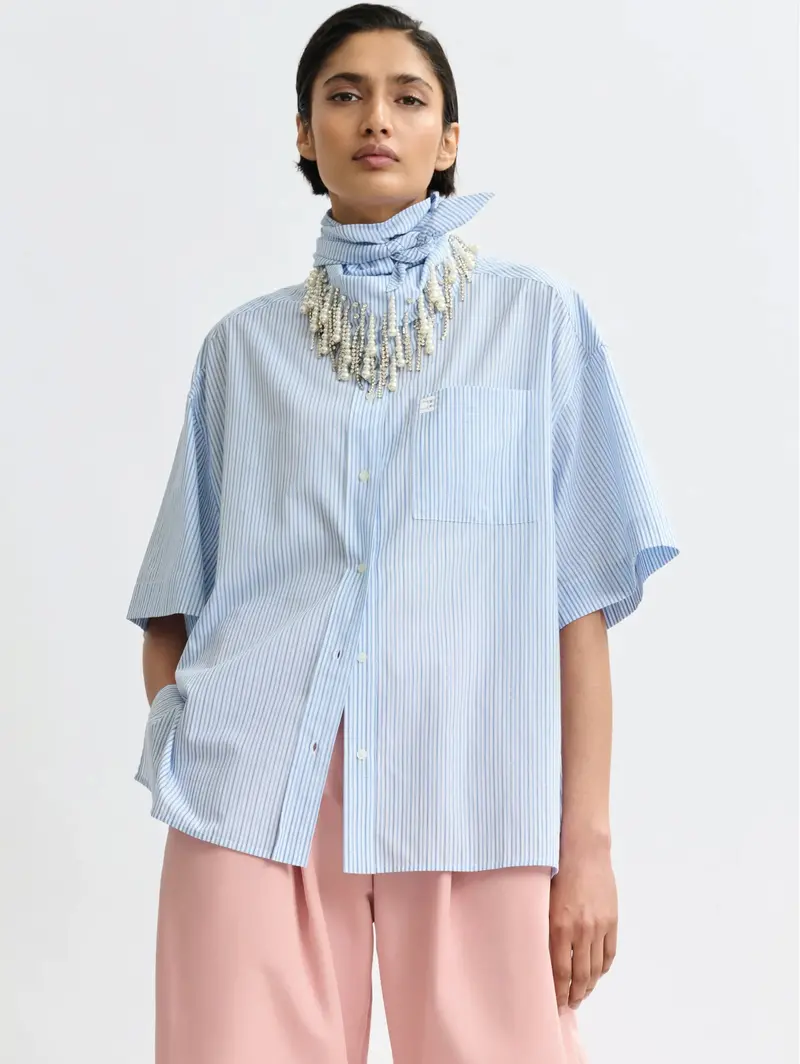 Striped Shirt With Scarf Detail & Rhinestones – Sky Blue 1