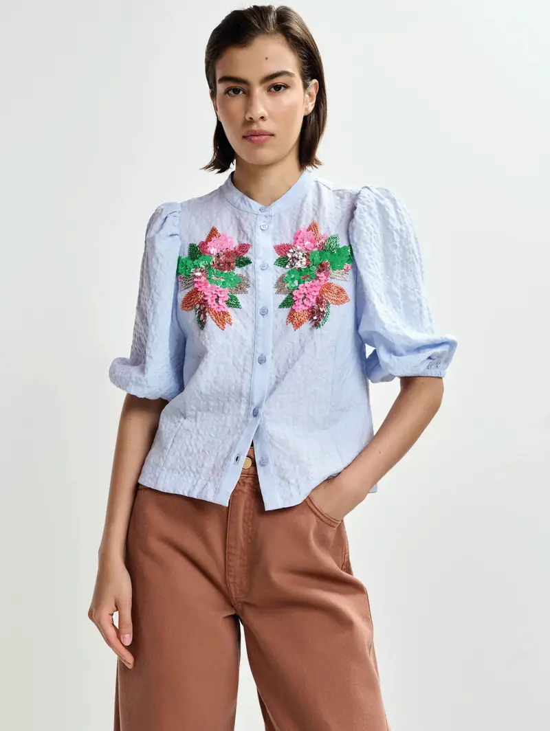Three-Quarter Sleeve Blouse – Sky Blue Ruffled Sleeve Detail 1