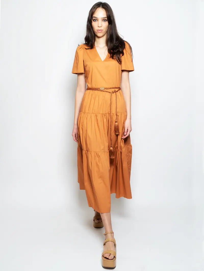 Tiered Hazel-Colored Midi Dress With Flounced Skirt 1