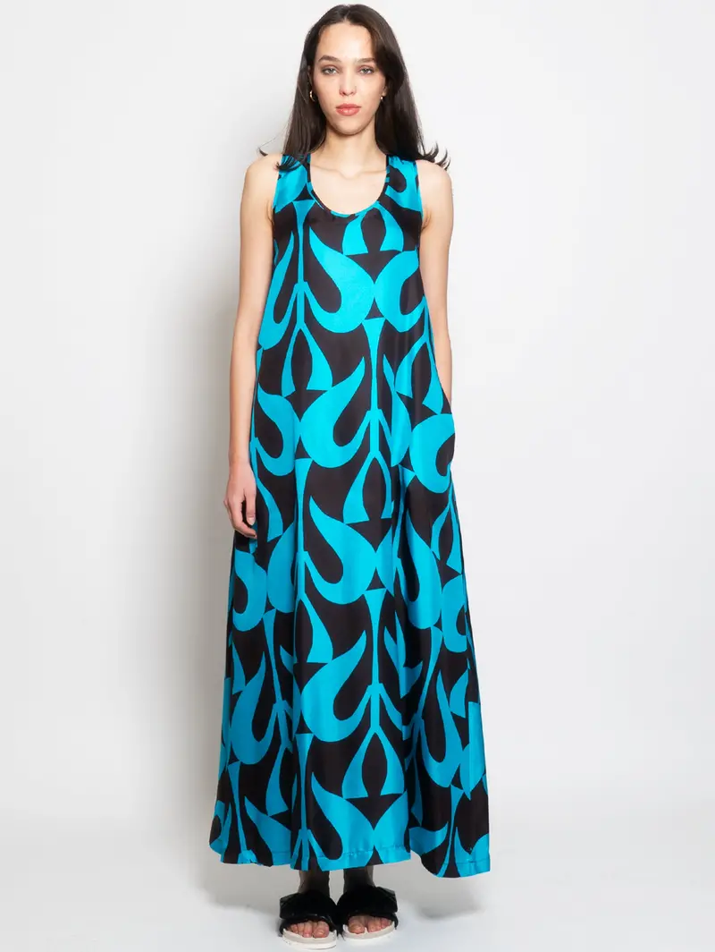 Turquoise-And-Brown Silk Long Dress 1
