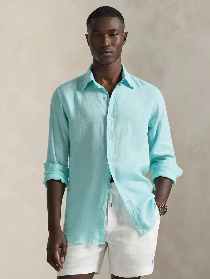 Turquoise Linen Custom-Fit Shirt 1