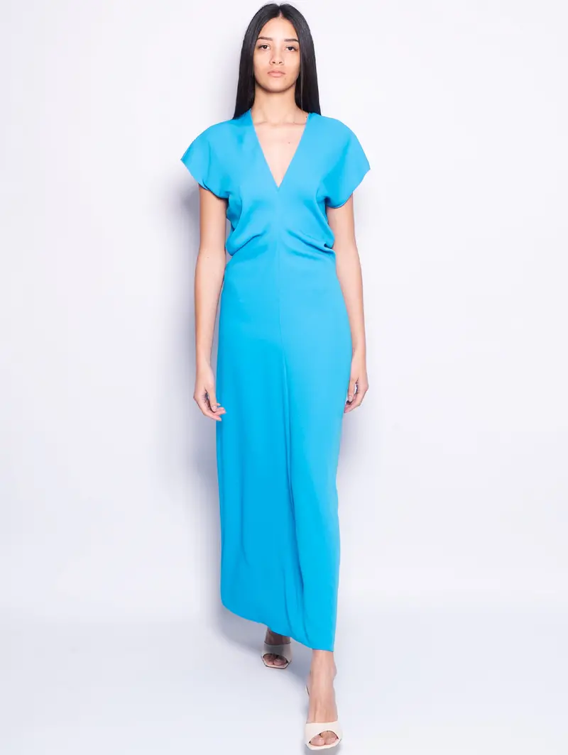 Turquoise V-Neck Floor-Length Gown 1