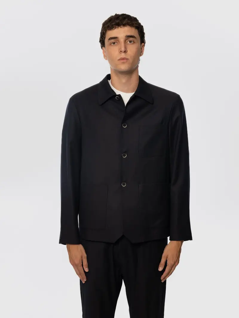 Virgin Wool Flannel Overshirt In Navy 1