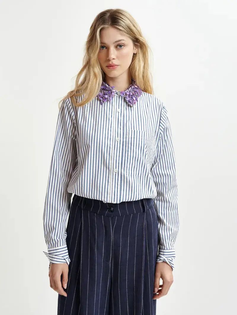 White-And-Blue Striped Shirt With Embroidered Collar 1