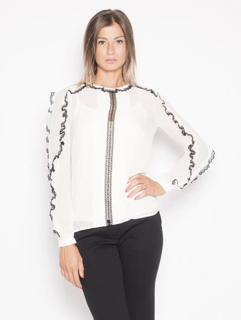 White Blouse With Ruffled Trim And Lace Detailing 1