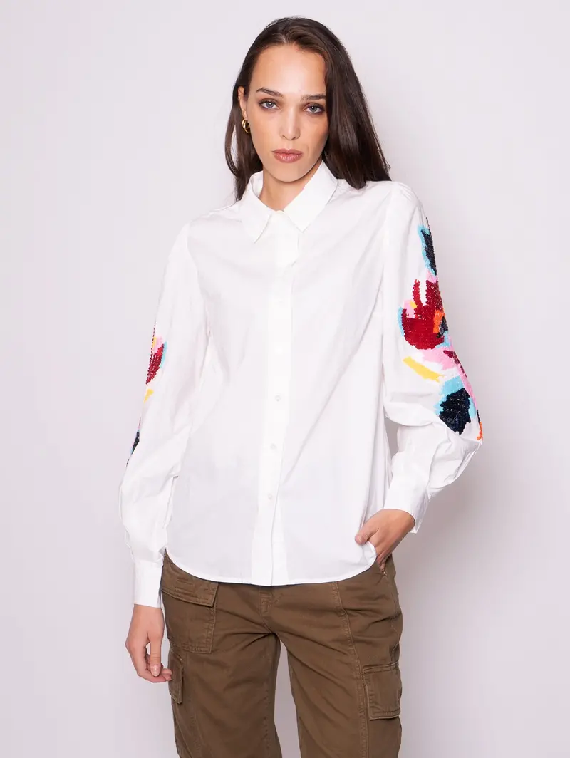 White Embroidered-Sleeve Shirt 1
