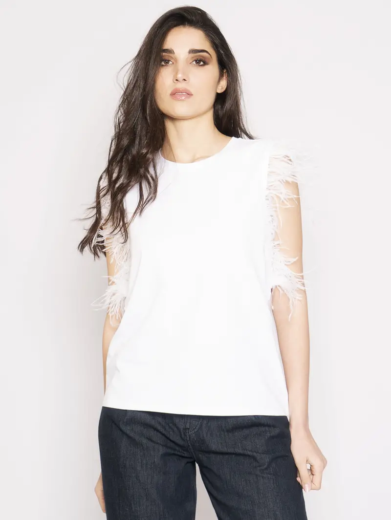 White Feather-Trimmed Top 1