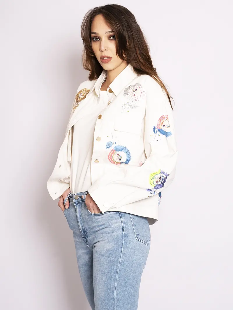 White Floral-Embroidered Bull Denim Jacket 1