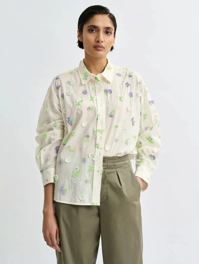 White Floral-Embroidered Overshirt 1