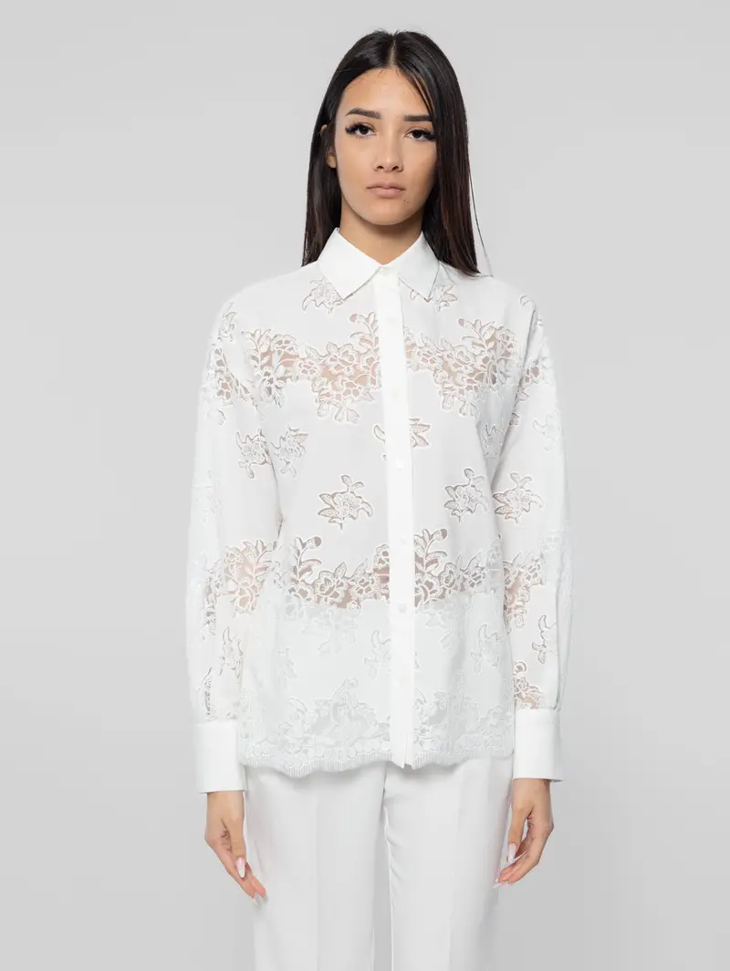 White Lace-Trimmed Button-Down Shirt 1