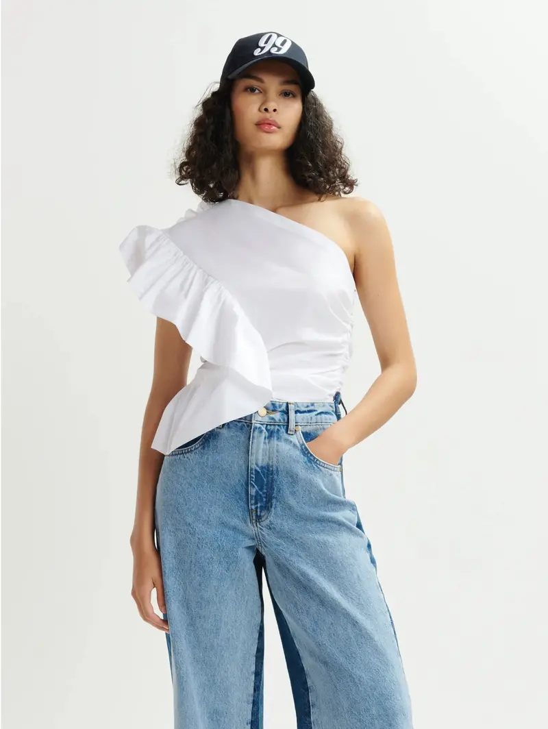 White One-Shoulder Top With Ruffled Trim 1