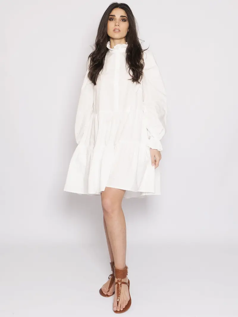 White Poplin Short Dress With Rhinestone Accents 1