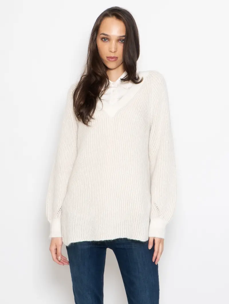 White Ribbed Knit Top With Lurex Detail 1
