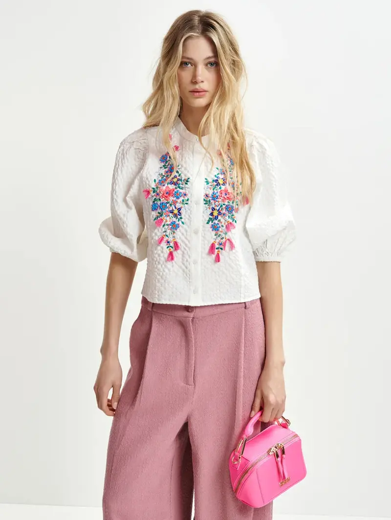 White Seersucker Shirt With Delicate Embroidery 1