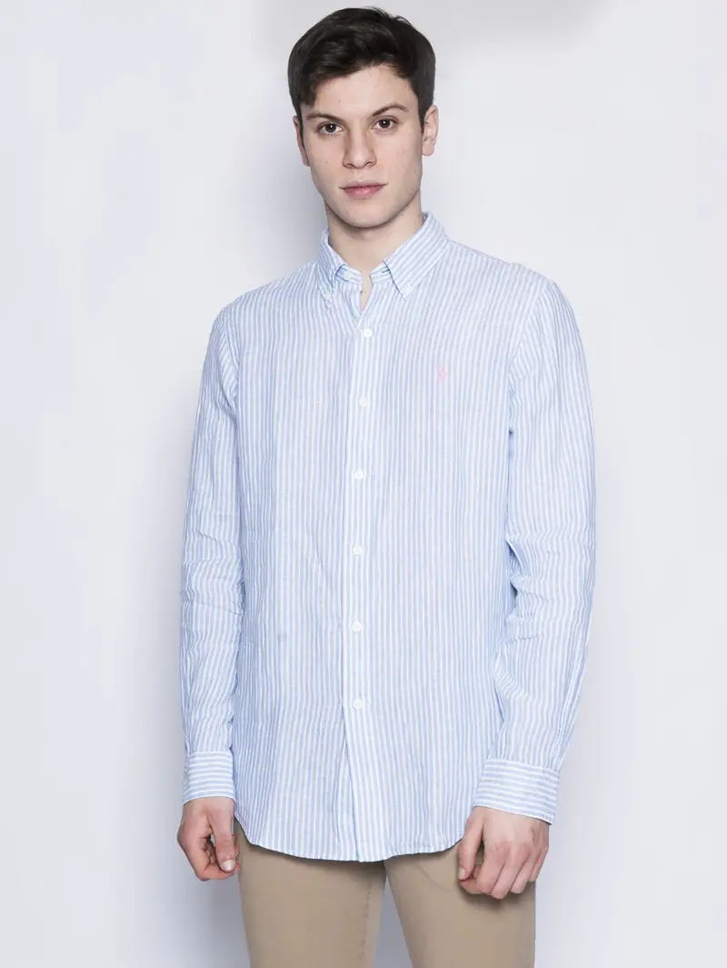 White & Sky Blue Striped Linen Shirt 1
