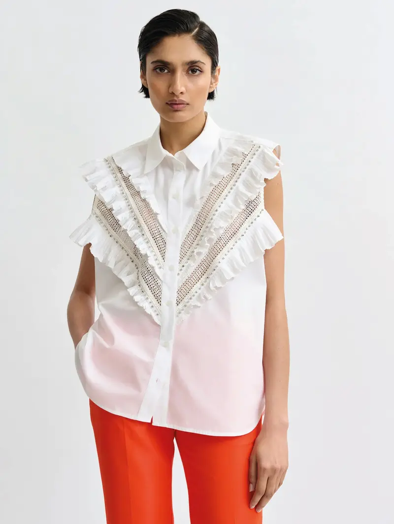 White Sleeveless Lace-And-Ruffle Blouse 1