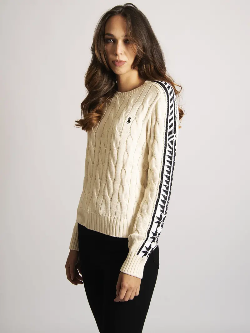 White-Trimmed Cable-Knit Sweater 1