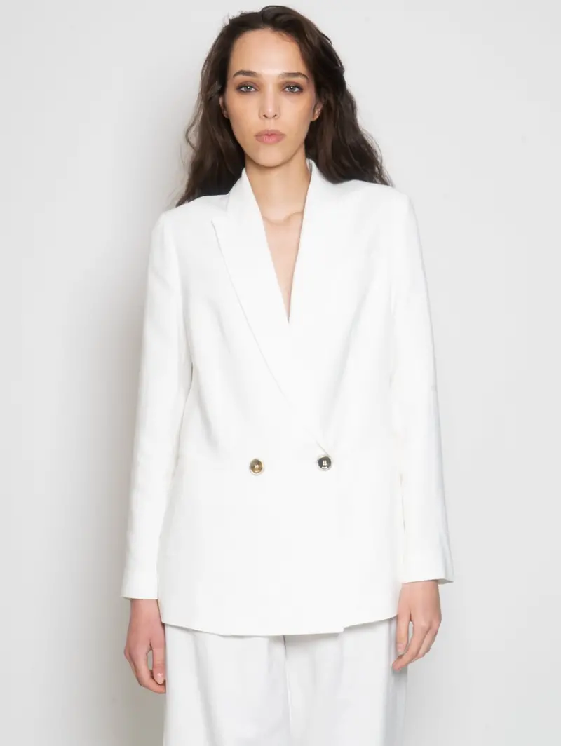 White Viscose-Linen Double-Breasted Blazer 1
