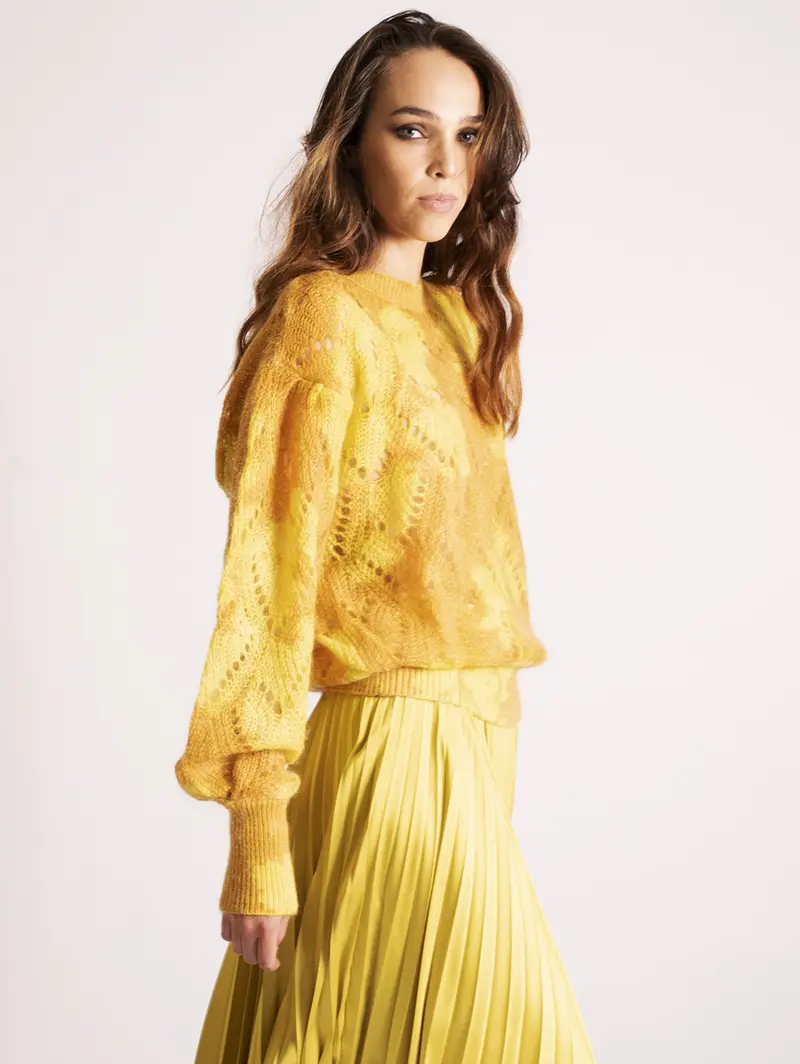Yellow Floral Lace Knit Top 1