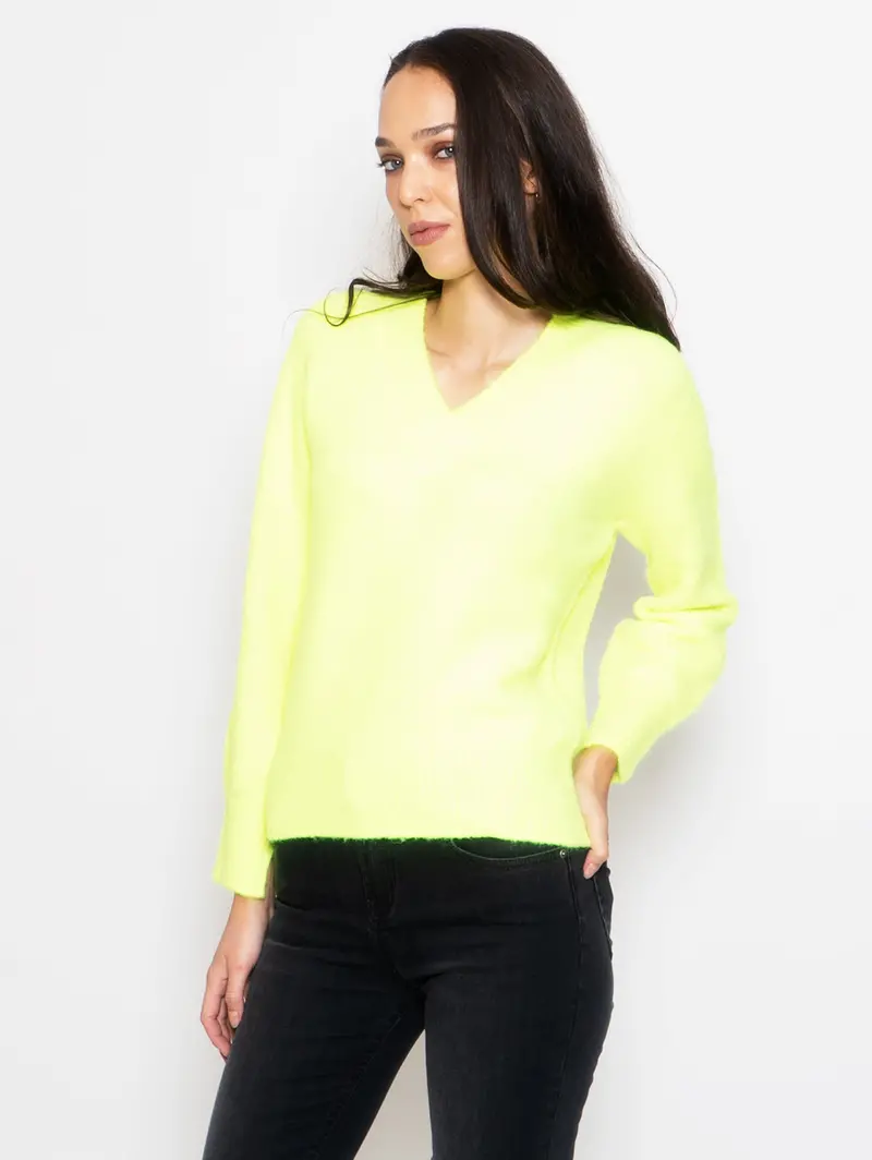 Yellow-Fluorescent Seamless Wool V-Neck Sweater 1