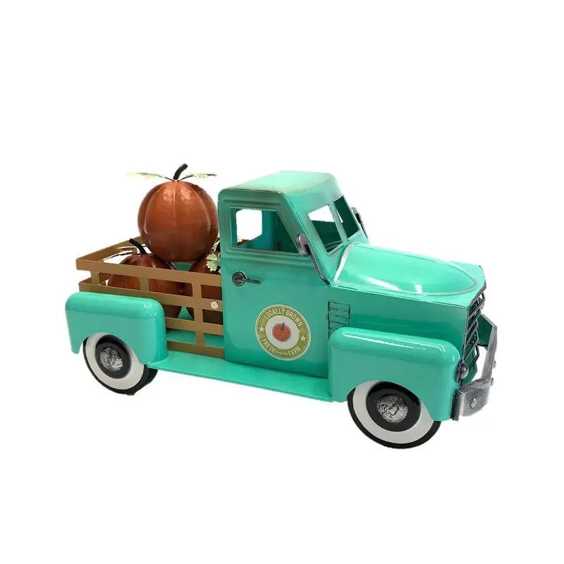 Zaer Ltd. 10-Inch Antique Teal Metal Country Truck Ornament With Pumpkin Accents 1